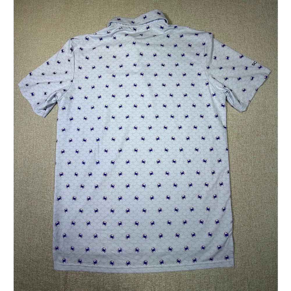 Scales Men L White Blue Crab Print Short Sleeve Polo Athletic Golf Shirt Casual - Picture 2 of 10